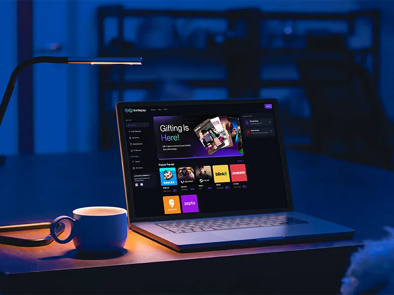 The BattlePay storefront open on a laptop at a desk