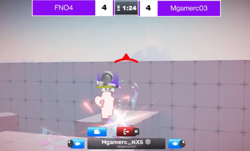 Grand final scoreboard tied 4-4 between FNO4 and Mgamerc03 with 1:24 on the clock as Mgamerc03 lands the deciding shots